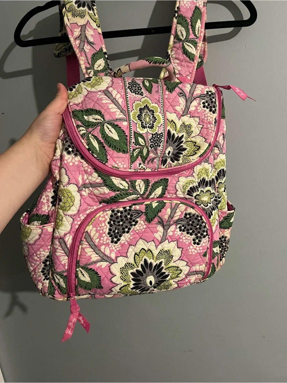 Vera Bradley Pink Quilted Floral Backpack with Green Accents